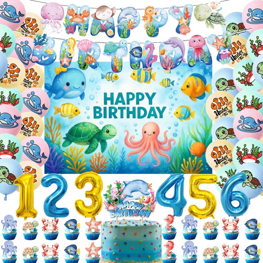 

Cartoon Ocean Animal Underwater World Theme Children Birthday Party Supplies Cake Flag Balloon Banner Baby Shower Props Kid Gift