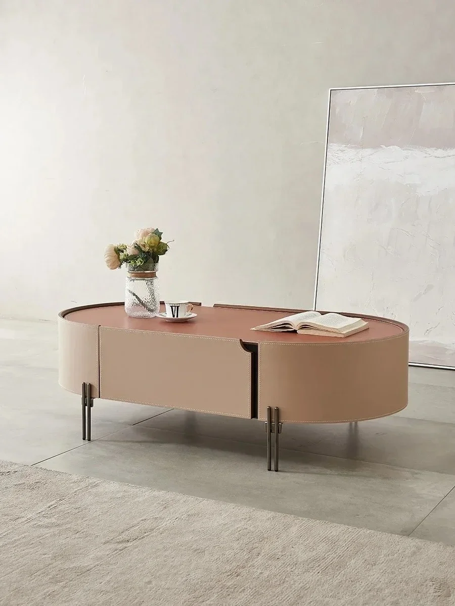 طاولة شاي جلدية ذات سرج إيطالي بسيط، طاولة شاي مستديرة فاخرة من الجلد الإبداعي الراقية مصنوعة من الخشب الصلب