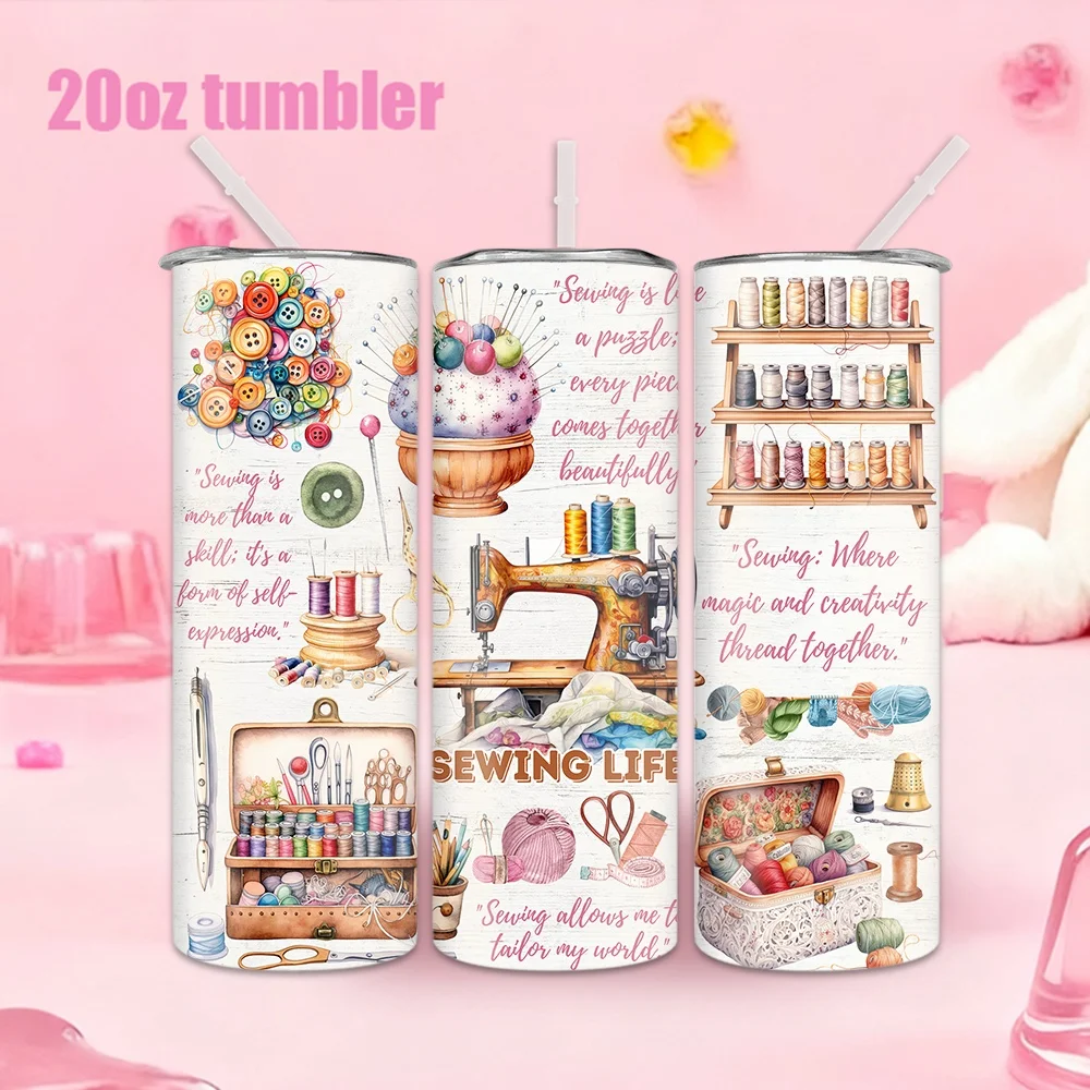 1pc 20oz straw water bottle, insulated stainless steel water cup with sewing tool and yarn ball pattern.