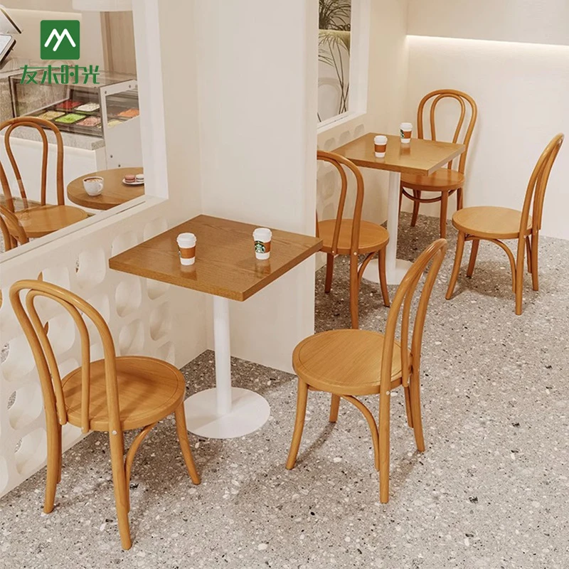 Restaurant Booth SetNatural Style Coffee Shop Chair Set, Popular Dining Table Milk Tea , Snack And Bakery Shops, Solid Wood