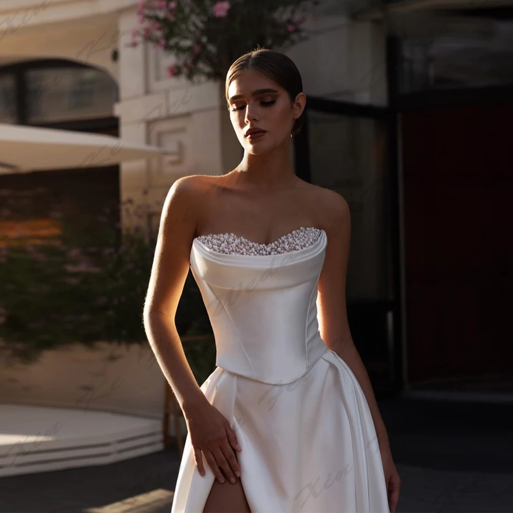 Vestidos de casamento cetim para mulheres, lindo A-Line, elegante sereia, sem mangas, vestidos de noiva de fenda alta