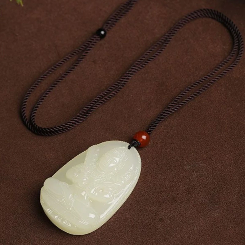 Natural Hetian Jade Chinese Zodiac Patron Saint Manjushri Pendant Couple Style Necklace Jewelry Holiday Gift