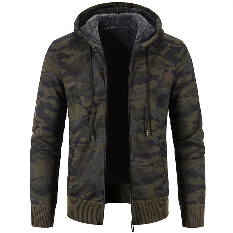 

Men's Winter Fleece Sweatercoat Hooded Cardigan Jackets Male Thick Warm Knitting Outwear Coats Fashion Camouflage Sweater