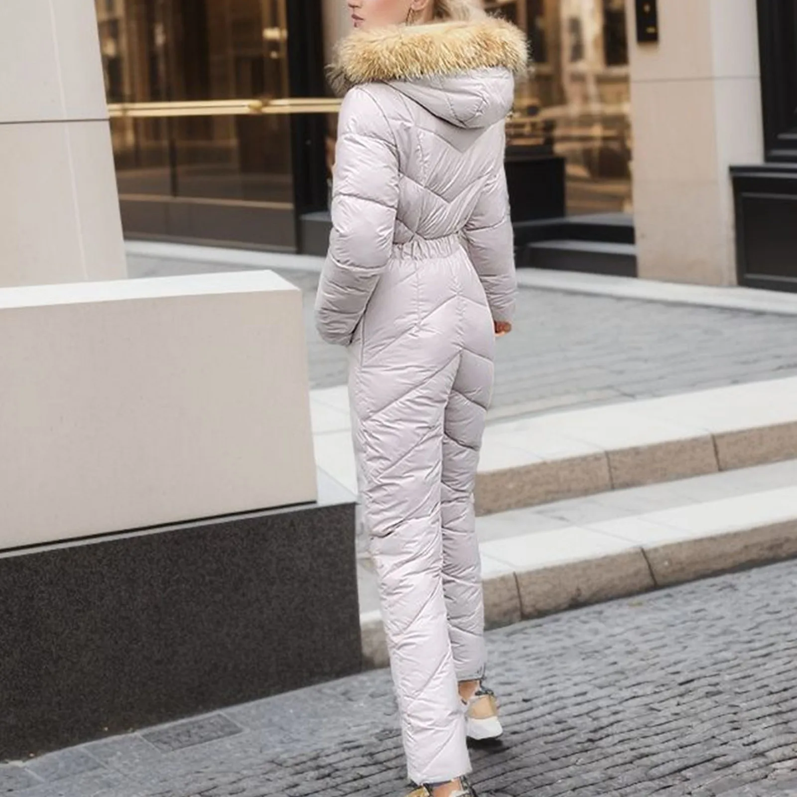 Women One-Piece Ski Suits Thicken Windproof Snowboard Outdoor Warm Hooded Slim Overalls Winter Skiing Jumpsuit With Fur Collar