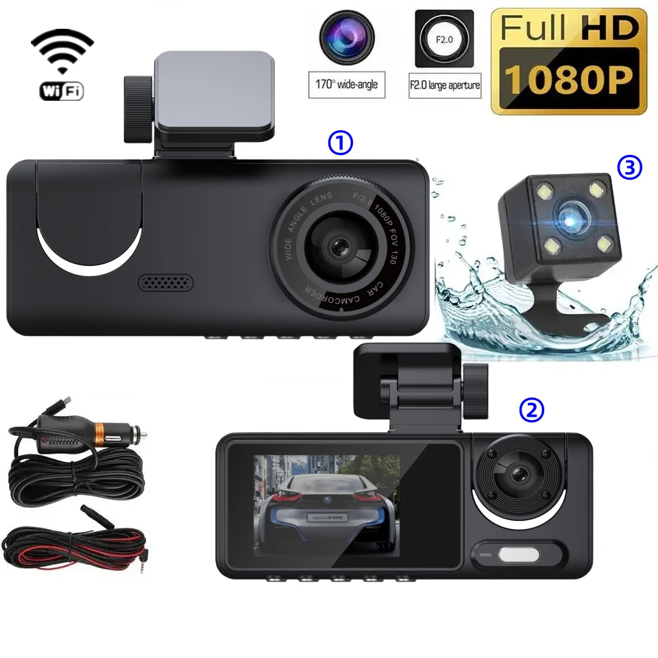 3 Channel WIFI  Dash Camera 1080P 2.0 inch IPS Screen Built in IR Night Vision G-Sensor Front and Rear Inside HD Car DVR