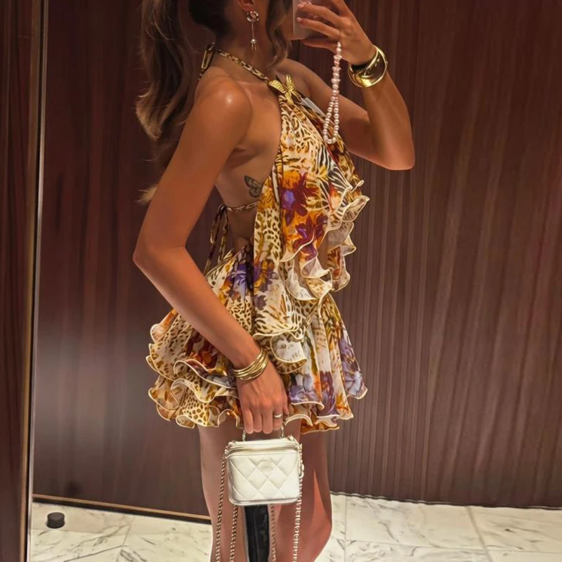 Temperament Backless Top+Shorts 2pc Set Leisure Gradient Ruffle Exposed Navel Suit Sexy Hang Neck Tied Shoulder Vacation Outfit