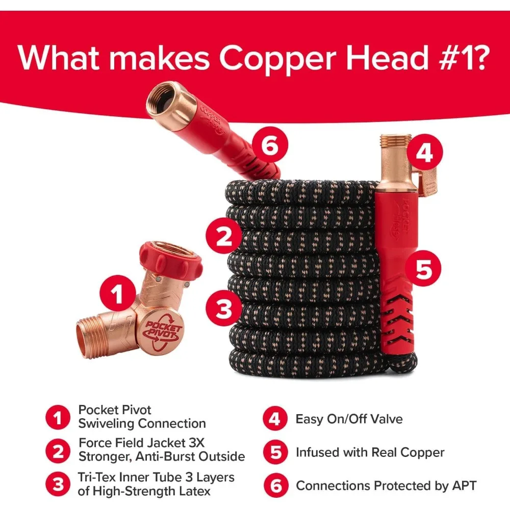 확장형 정원 호스 50피트, 자외선 차단 구리 헤드 및 10가지 패턴 분사기, 고압 650 PSI, 3/4인치 직경, P