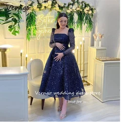 Verngo Glitter Sparkly Evening Dresses Pregnant Women Party Gown Long Sleeves Square Neck Arabic Bithday Formal Occasion