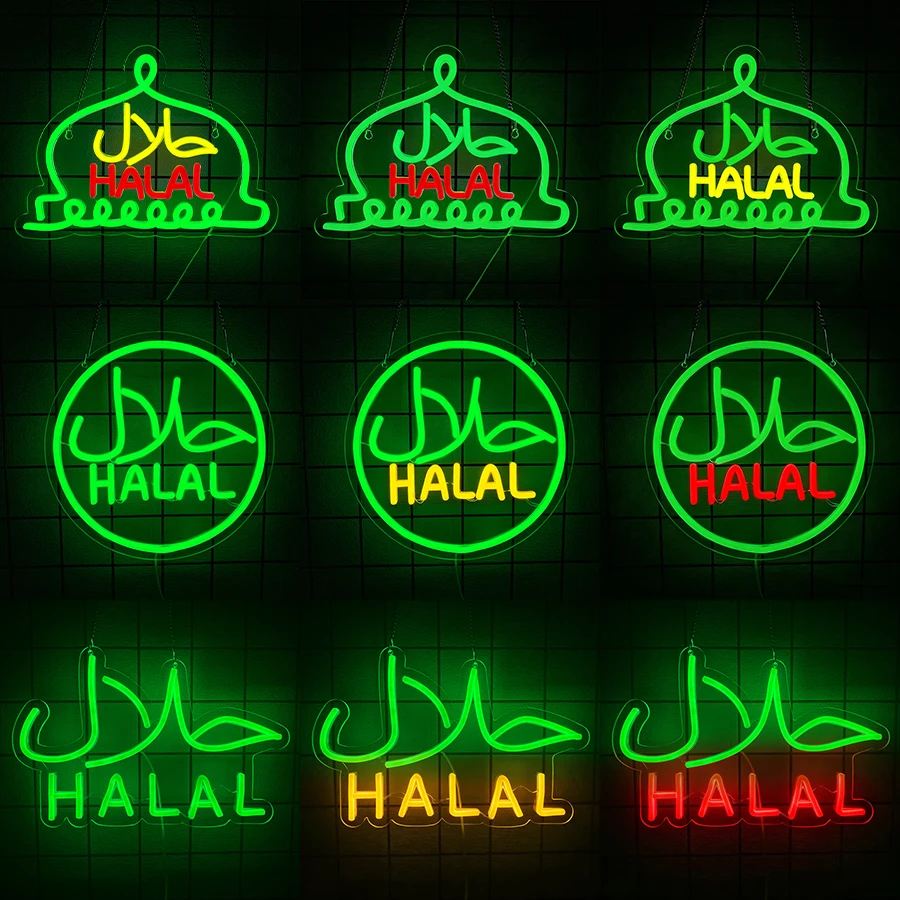 Letrero luminoso LED Halal para restaurantes árabes, letreros luminosos para decoración de paredes de negocios, tiendas, regalo de Navidad, alimentado por USB