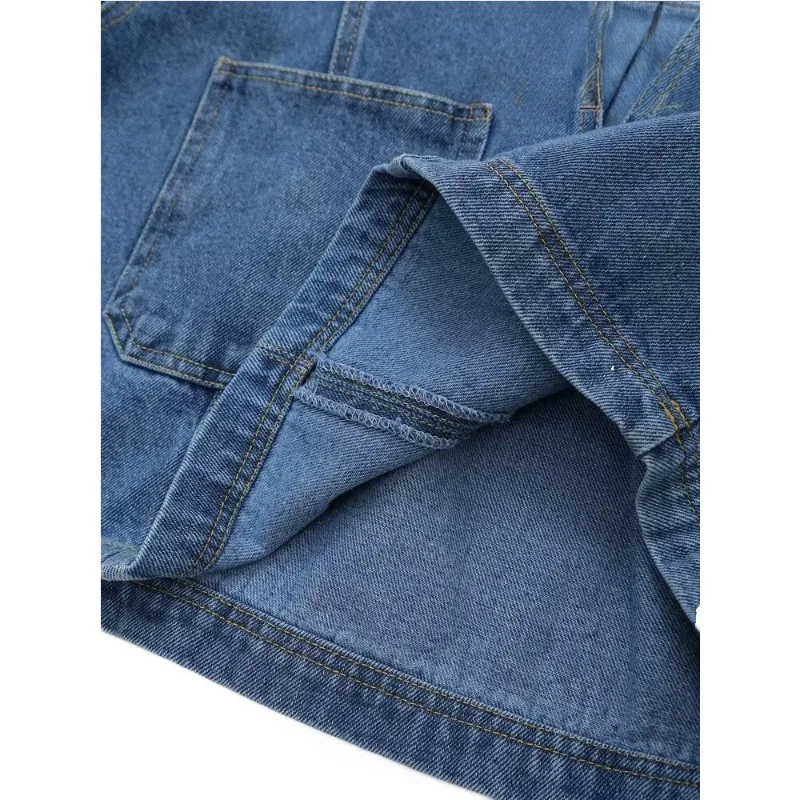 2024 Summer Ladies Fashion Pocket Embellished Baggy Denim Suit Casual Lapel Short Shirt Asymmetrical Skirt