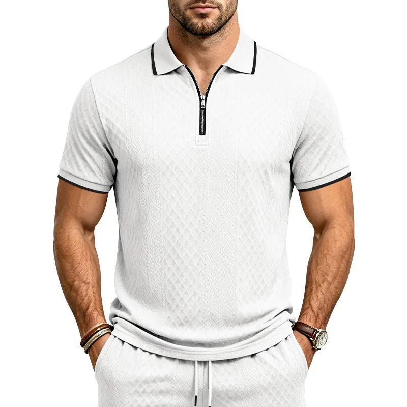 EU US Summer Heavyweight Jacquard Texture Color Block Polo Tee, Men Loose Casual Collar Zip Short Sleeve Tops Wholesale