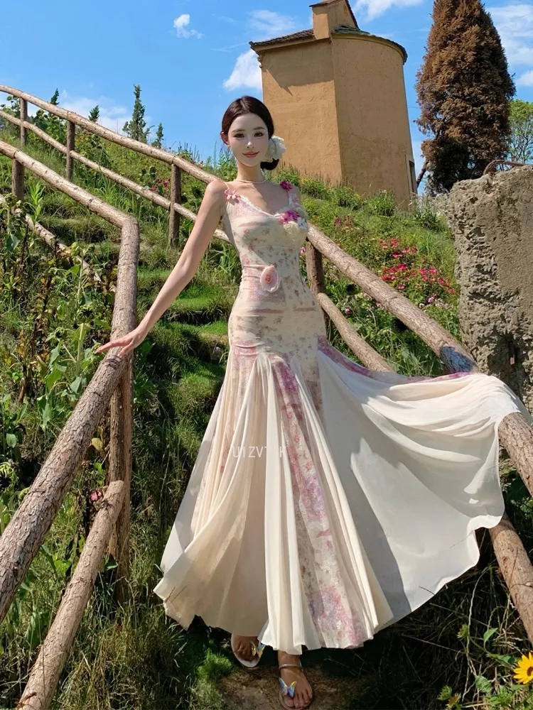 

Women Vinatge Floral Long Dresses New Fashion Spaghetti Straps Evening Party Dress Summer Sleeveless Boho Beach Vestidos Robe