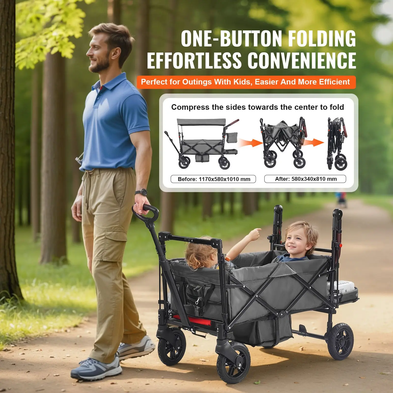 Wagon Stroller for 2 Kids, Push Pull Quad Collapsible with Adjustable Handle, Encircling Harness Removable Canopy, 4 Wheels w
