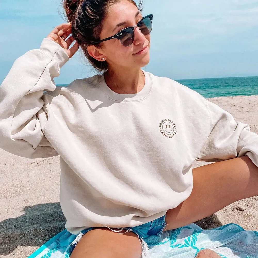 Choose Happy Smiley Face Embroidered Y2K Sweatshirts Long Sleeve Loose Cotton Thick Crewneck Pullover Retro Fashion Jumpers