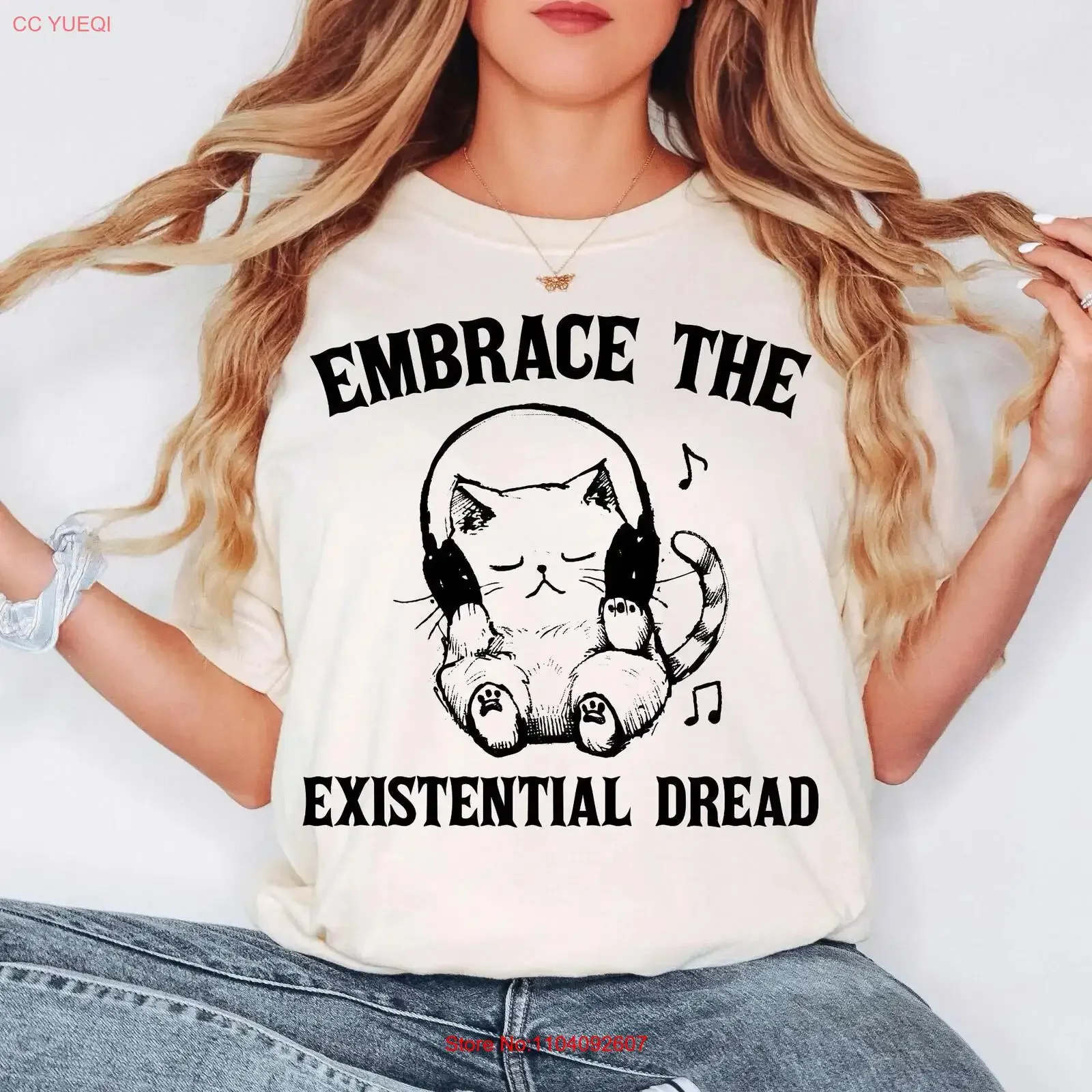 Embrace the Existential Dread T Shirt Cat with Headphones Dark Humor Mental Health Chill Crisis vintage Washed homme Soft