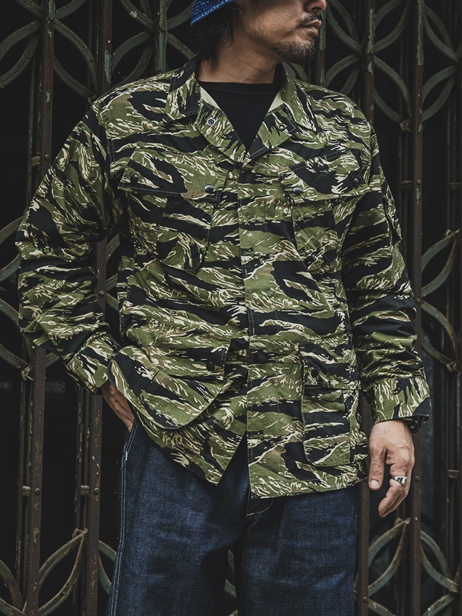 

American Retro Camouflage TCU Jaet Men's Multi-ket Workwear Coat Vietnam War Tiger Stripe Youth Faion Long Sve Thic...