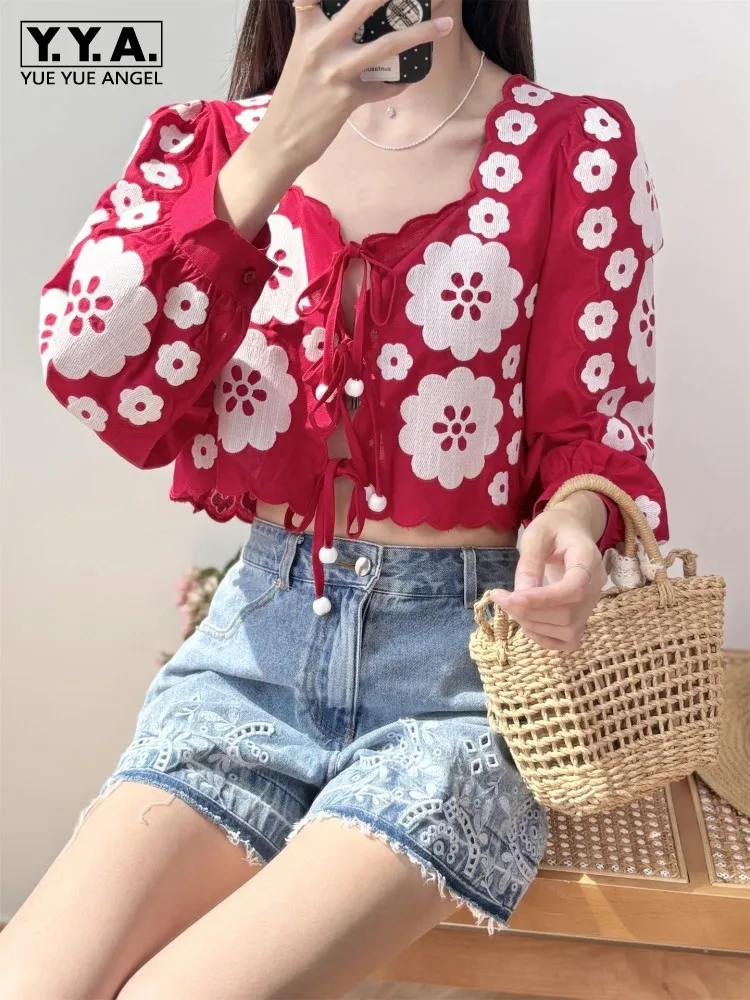 

Sweet Women Floral Embroidery Shirt Mid Calf Long Skirt Two Piece Set Ladies Lace Up Short Style Top Matching Set Vintage Outfit