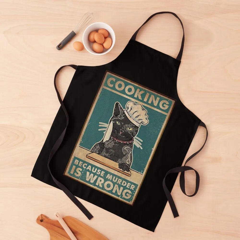 Black Cat Cooking because murder is wrong cat lover gifts Apron useful things for kitchen