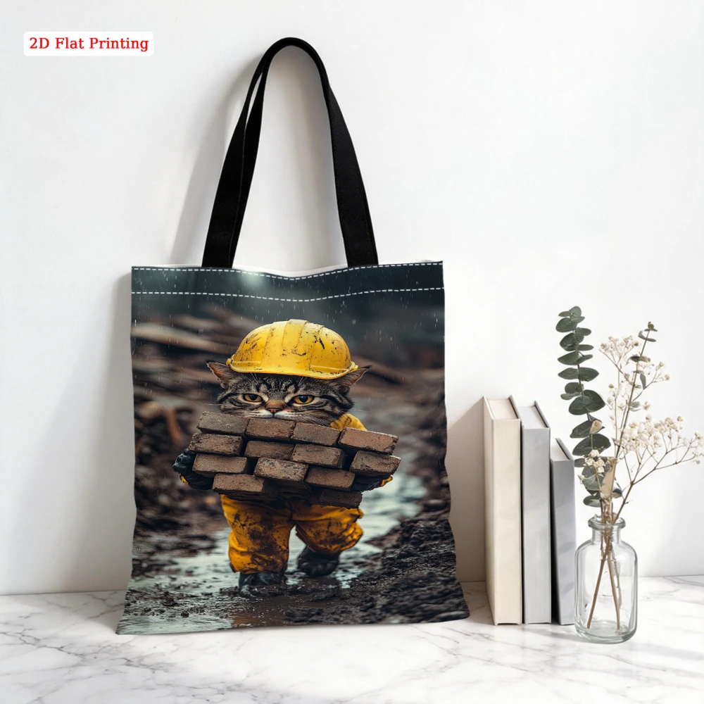 1pc Casual Shoulder Bag Black Construction Worker Cat Print Tote Bag Daily Shopping Travel Storage Lightweight Handbag Pouch X-2