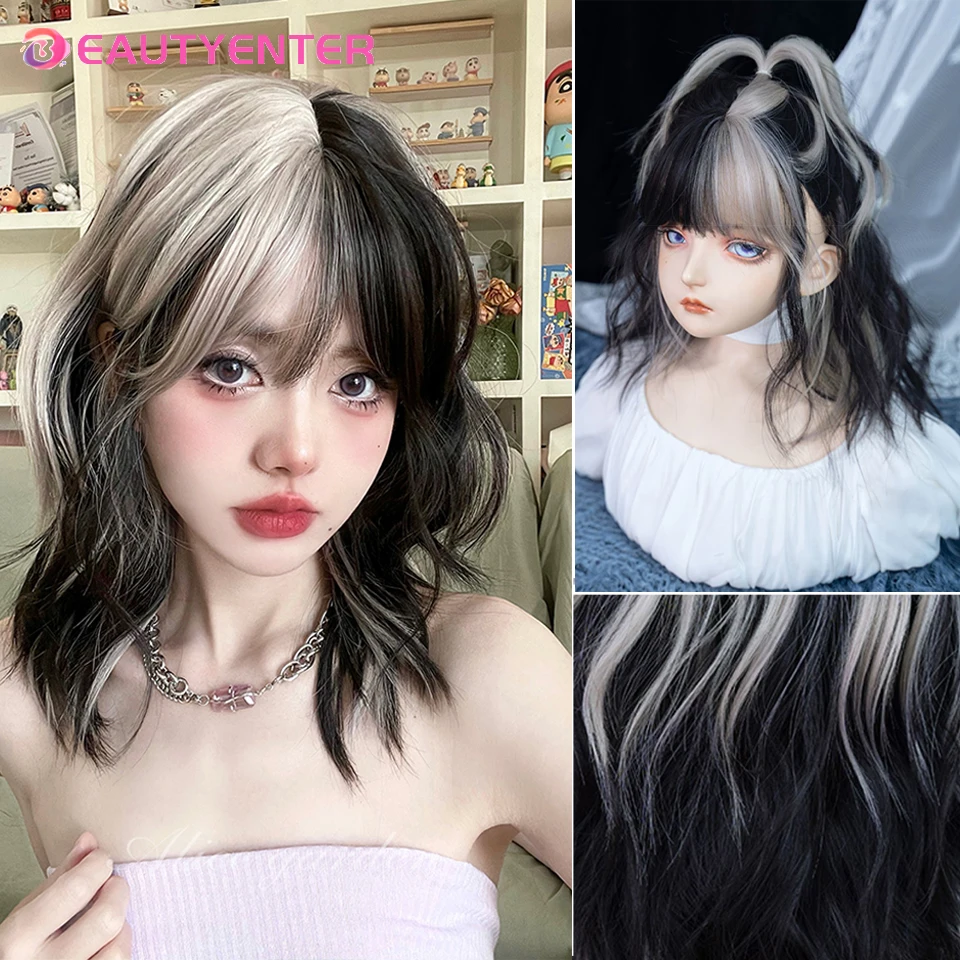 Synthetic Hair Wigs For Women Wave Black and gray color matching Wig With Bangs Cosplay Halloween  Y2K High Temperture Fiber