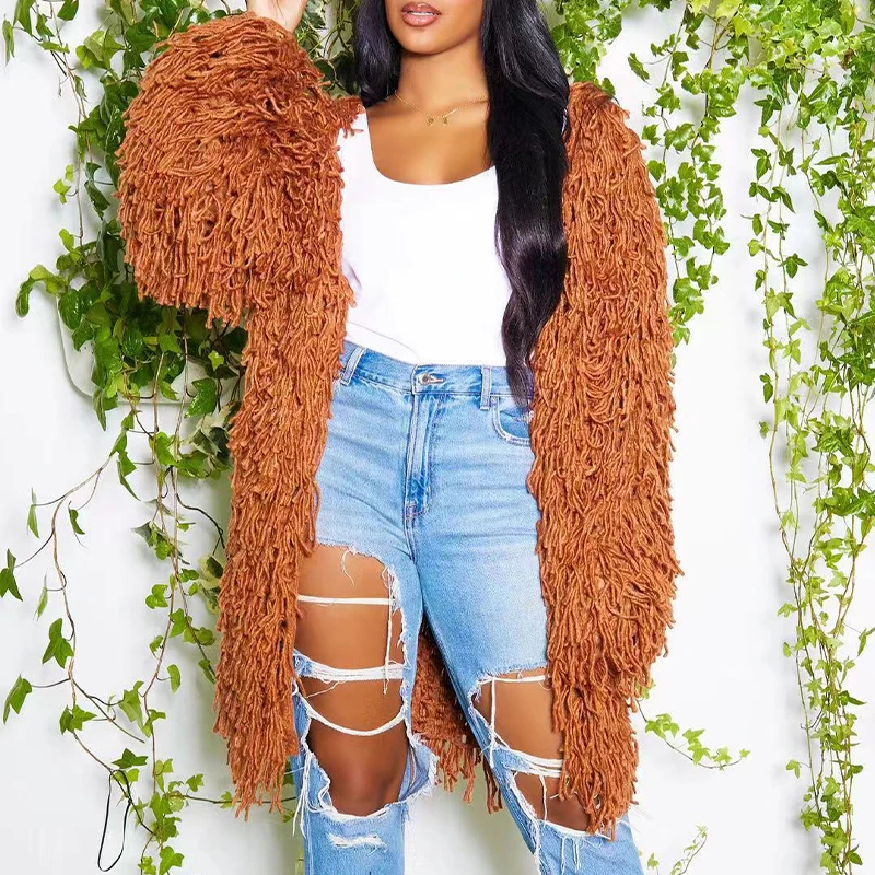 OMSJ 2025 Temperament Womens Knitted Hand Hooked Tassel Cardigan Solid Color Open Stitch Mid-length Casual Street Style Overcoat