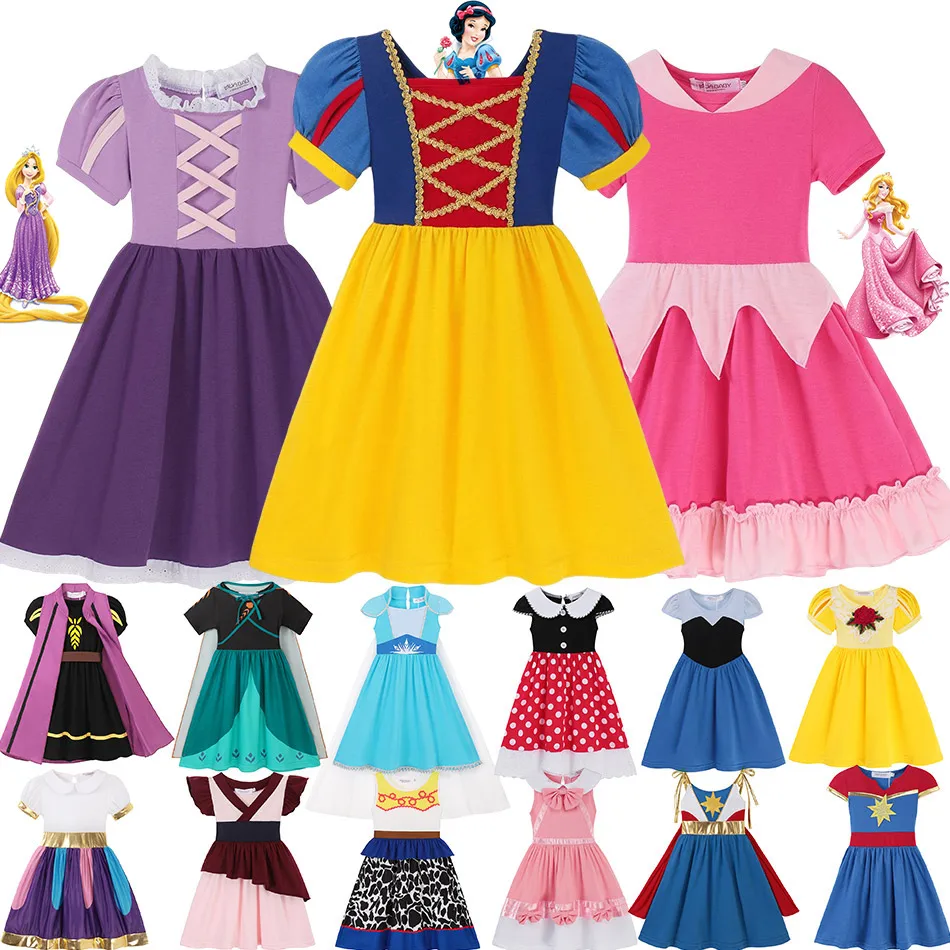 Disney Princess Summer Knee Length Dress for Little Girl 2023 Fancy Elsa Rapunzel Minnie Casual Clothing Toddler Cosplay Costume