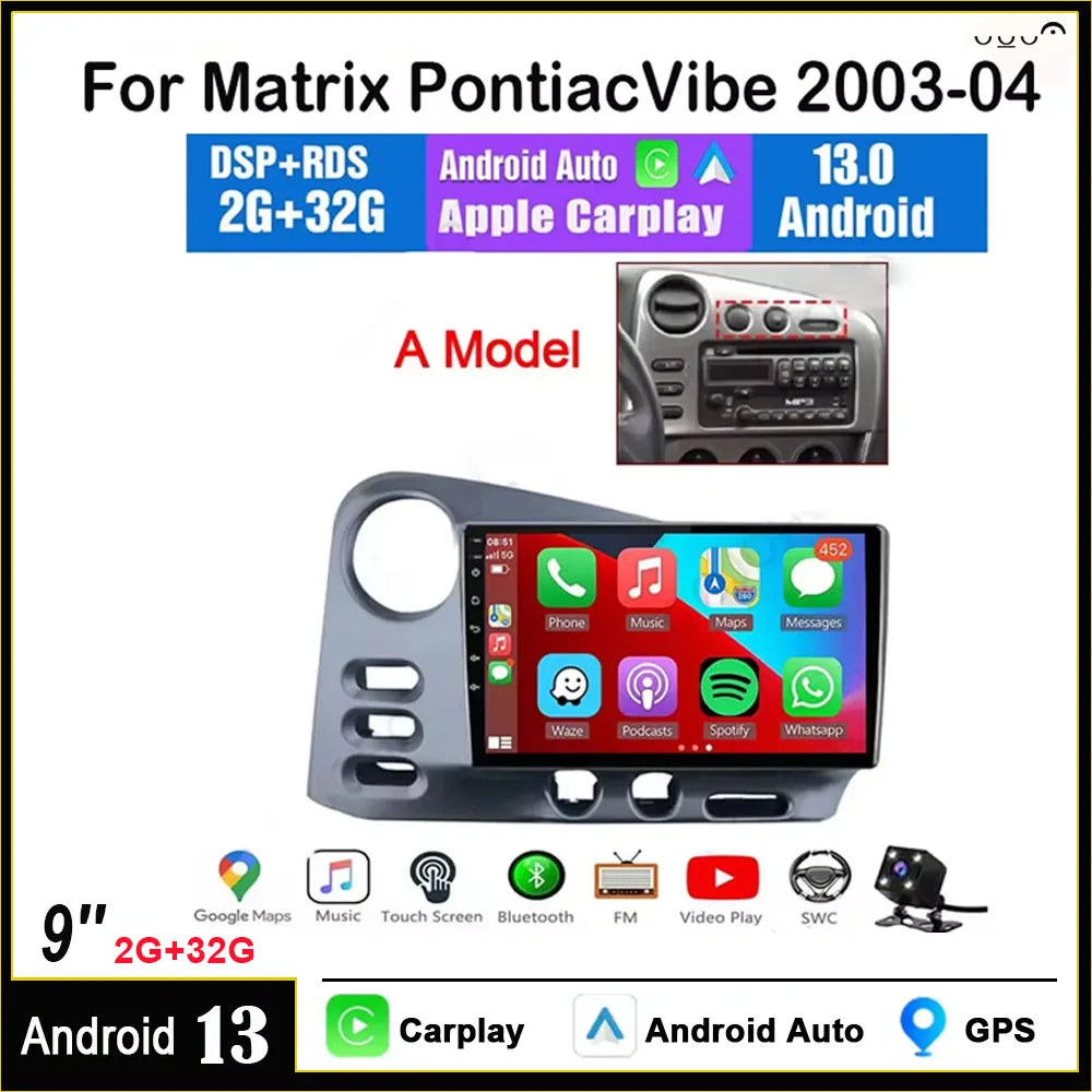 

9Inch Car Stereo GPS Navi Carplay Android 13 Compatible forMatrix PontiacVibe 2003-04