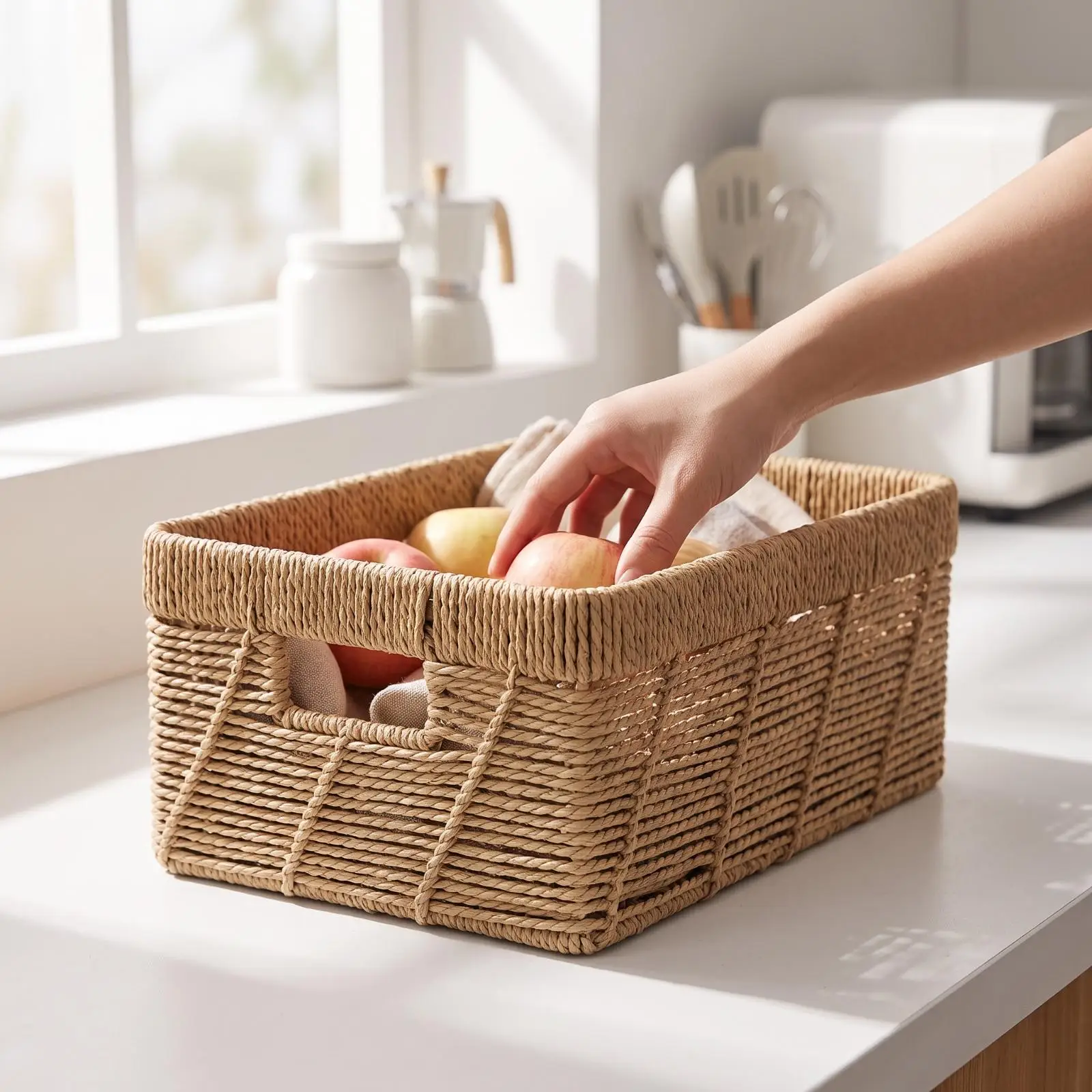 Braided Woven Storage Basket for Home Organization with Side Handles Sturdy Paper Rope Basket for Living Room Bedroom Shelf