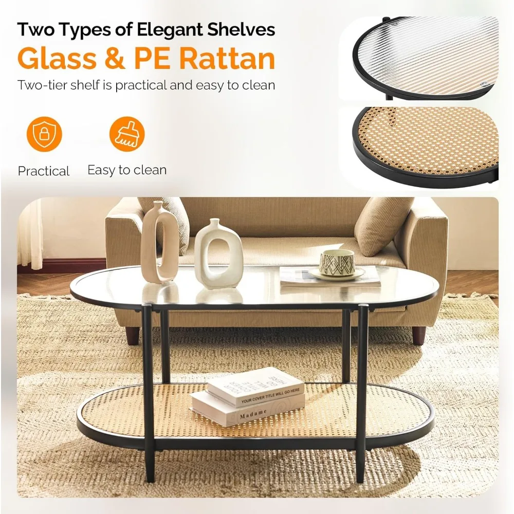 38" Oval Coffee Table with Rattan Shelf, Glass Metal Coffe Table, Skinny Coffee Tables with 2-Tier Storage, Modern Center Table