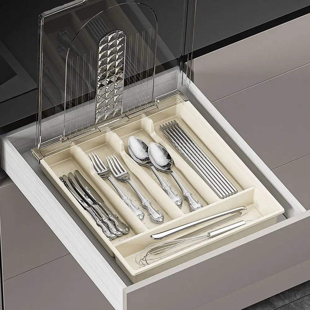 Plastic 5 Compartments Flatware Organizer Large Capacity Transparent Lid Silverware Drawer Organizer Dustproof