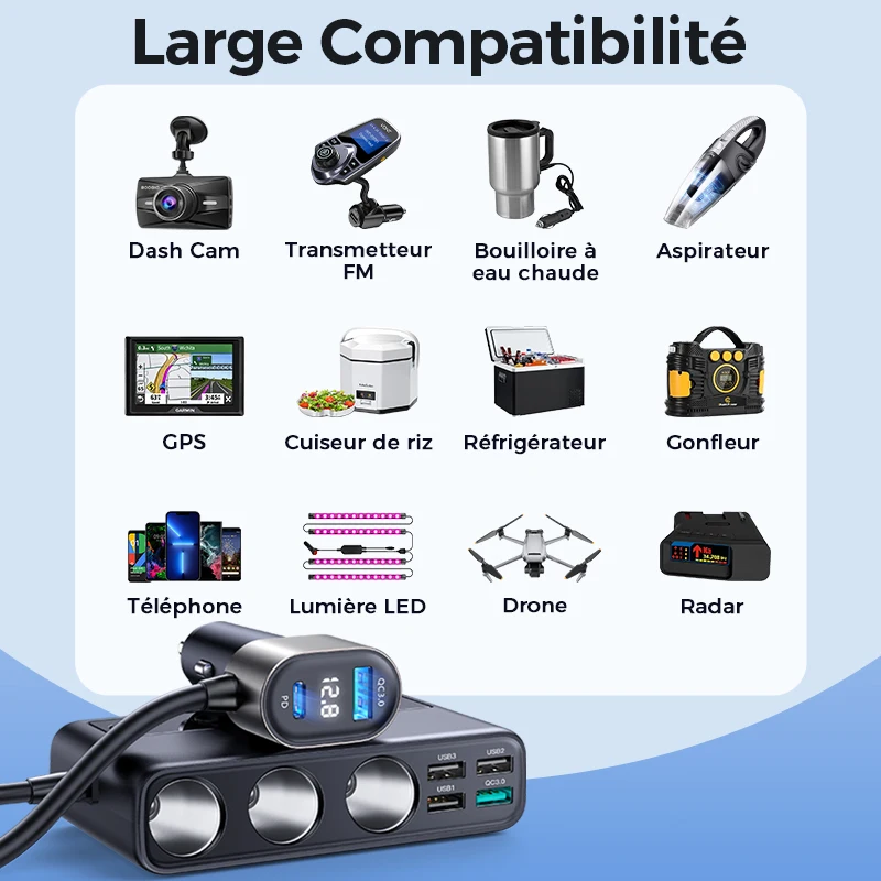Pomerroom-Adaptateur de chargeur de voiture 9 en 1, interrupteurs indépendants de charge, prise DC Laguna et PD 3, répartiteur de briquet, 154W