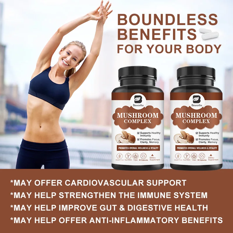 BEWORTHS Chaga,Reishi and Lion\'s Mane Mushroom Complex Capsules for Focus and Memory Health Relief Stress Dietary Supplement 