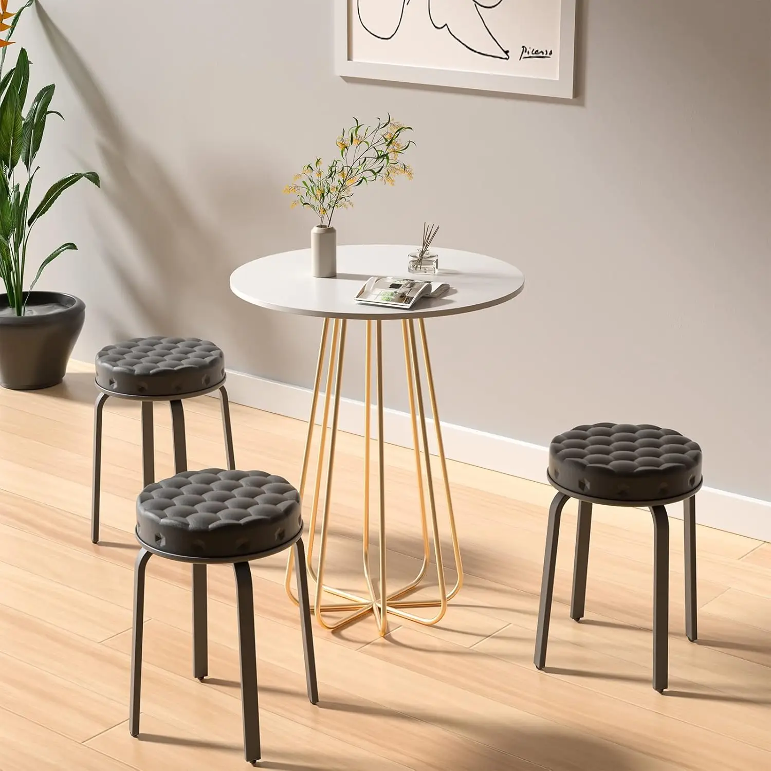مجموعة مقاعد بار حديثة قابلة للتكديس مكونة من قطعتين، جلد PU أسود مع أرجل معدنية للمطبخ وتناول الطعام وغرفة المعيشة #2