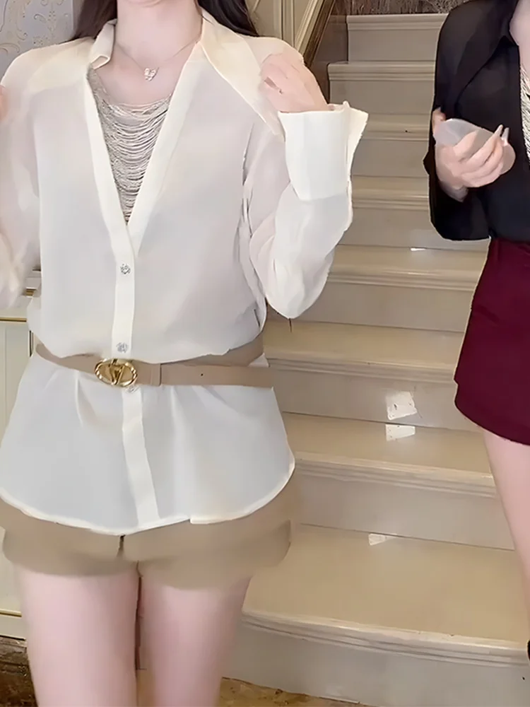 

Elegant Black Long Sleeve V-Neck Shirt Women's Fashionable Slimming Unique Spring New Style Korean Version Casual Shirt