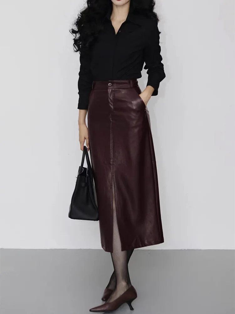 Women's Genuine Leather Skirt High Waist A-Line Mid-Length with Front Slit And Elastic Back Waist French Elegant Sheepskin Skirt