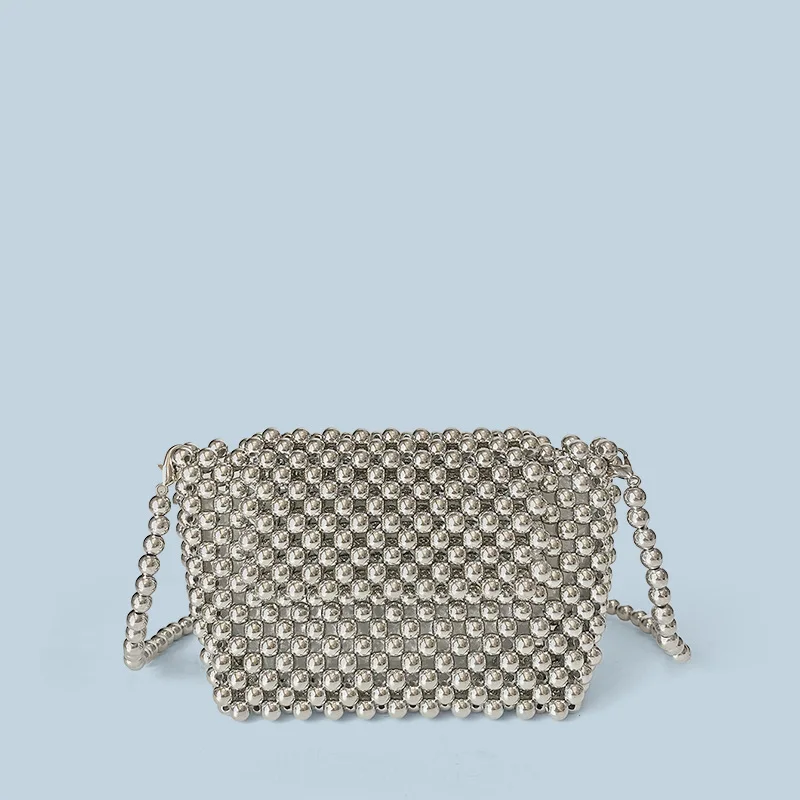 Women Evening Bag Design Vintage Silver Acrylic Beaded Bag Hand Woven Hollow Out Flap Square Crossbody Bag Female Party Clutches