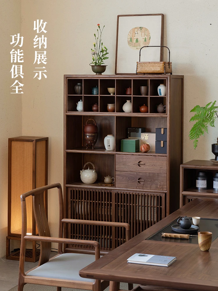 Pumu New Chinese Black Walnut Solid Wood Duobao Pavilion Bogu Frame Teapot Tea Cabinet Bookcase Tea Shelf Display Cabinet