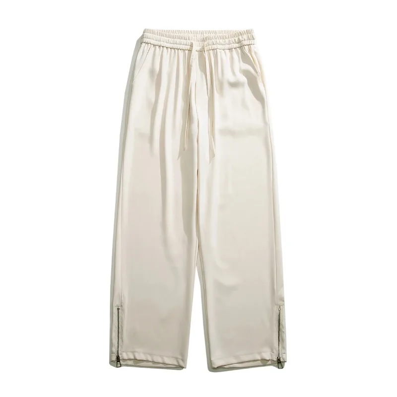 Men'sspring Autumn Elastic High Waisted Solid Zipper Pockets Casual Loose Work Wide Leg Trousers England Style Vintage Pants