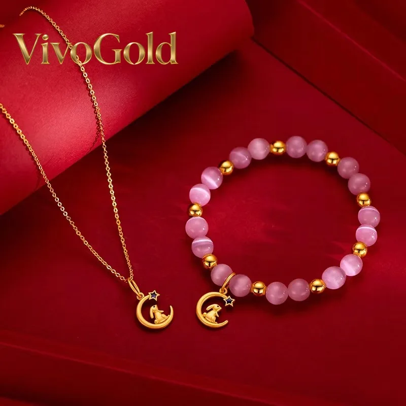

VivoGoldCute 9999 24K Real Gold Cat Eye Star Picking Little Moon Rabbit Necklace Pendant Set Gold White Rabbit Pink Cat Eye Brac