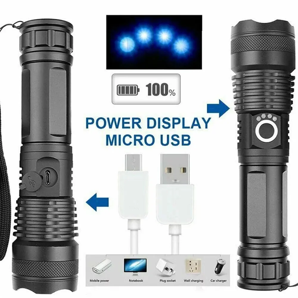 Super Bright 90000 Lumens XHP70 LED Flashlight, USB Rechargeable, Waterproof, 5 Modes, Zoomable Outdoor Torch Battery Included