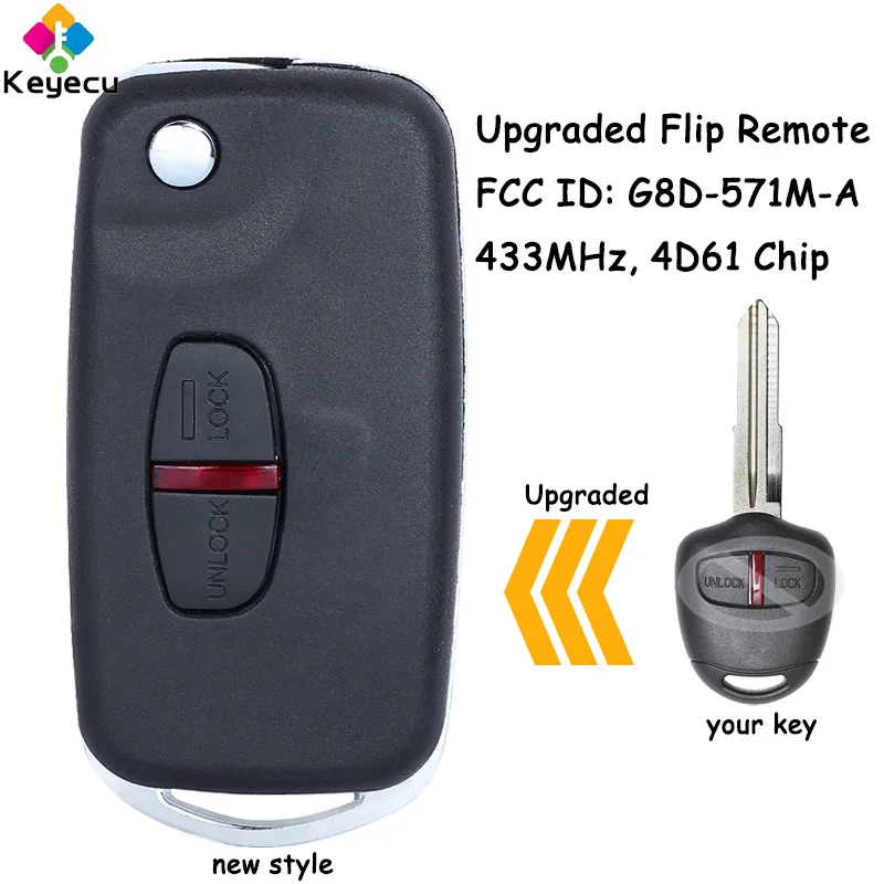 

KEYECU Modified Flip Remote Key With 2 Buttons 433MHz 4D61 Chip for Mitsubishi Outlander 2005 2006 2007 2008 2010 Fob G8D-571M-A