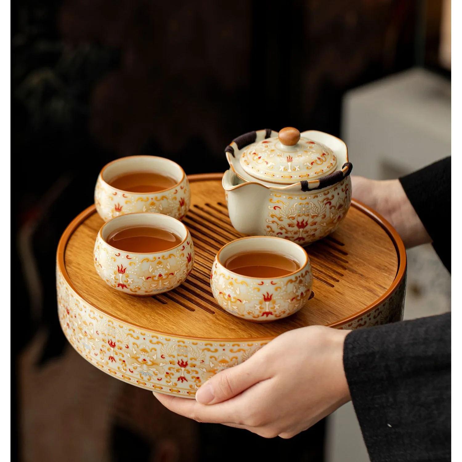 D22 Dunhuang Gold-painted Tea Tray Water Storage Household Ceramic Tray Tea Table Circular Drain Water Tea Set