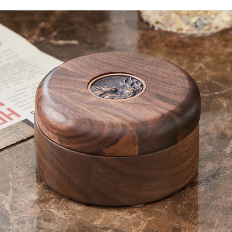 

Walnut Wood Ash Tray Metal Liner Cigar AshTray Home Desktop Retro Round with Lid Portable Storage Container