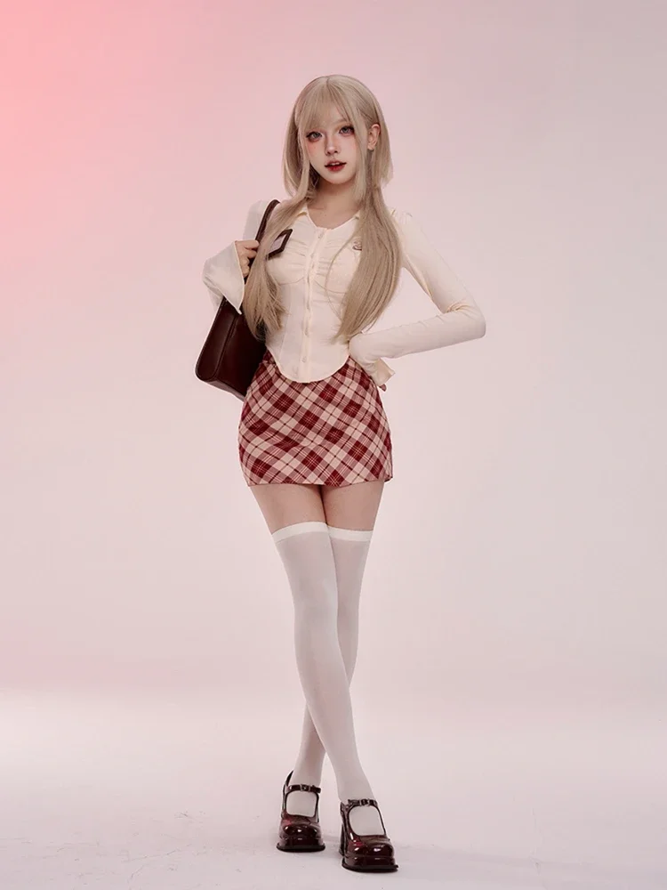 2024 Spring Sweet Skirt Suits Women Casual Cute Slim Crop Tops + Y2k Plaid Mini Skirt  Female Korean Fashion Kawaii 2 Piece Set