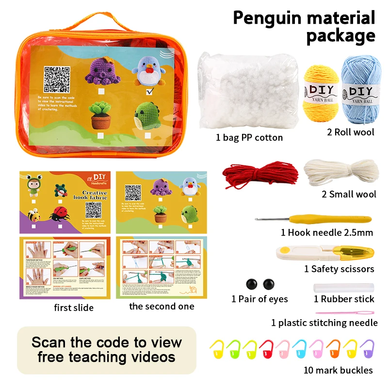 QZLKNIT DIY Handmade Doll Crochet Kit For Beginners Penguin Sewing Material Package Hand Knitting For Kids Adults Crochet Lovers