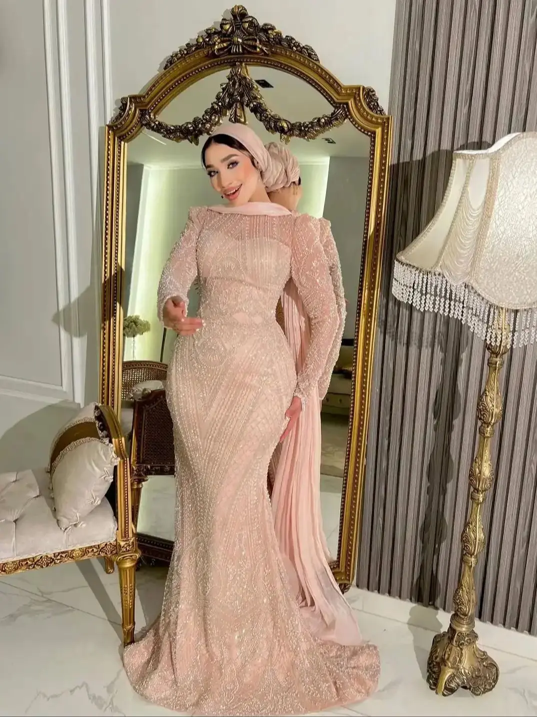 

New Design Luxury Beading Sequins Slim Mermaid Evening Dress With Ribbon Full Sleeves Illusion Prom Formal Party Dress