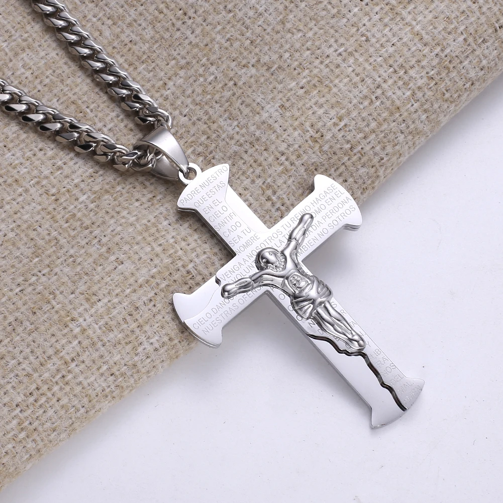 Heavy Big Jesus Cross Long Byzantine Chain Stainless Steel Necklaces Pendants for Men Christian Crucifix Necklace Jewelry