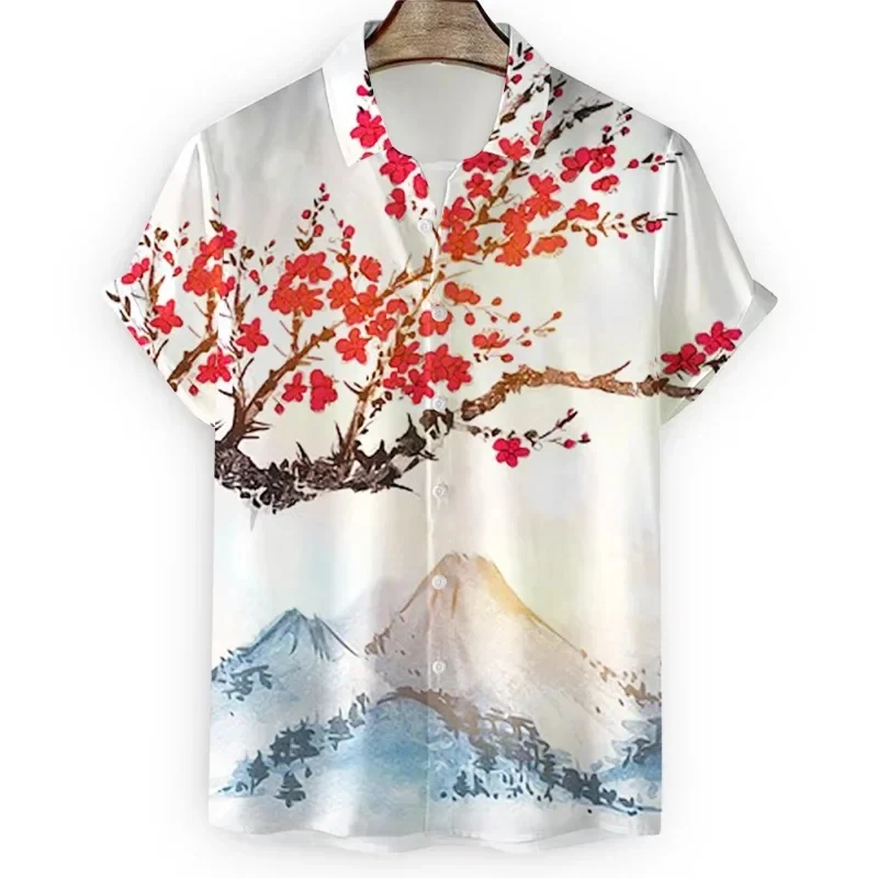 New summer men's minimalist casual 3D printed lapel shirt Hawaiian cherry blossom multi picture shirt