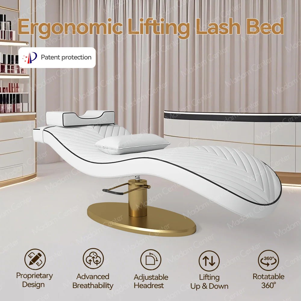 Madam Center Adjustable Height Lifting Lash Bed Modern PU Leather Stainless Steel Frame Ergonomic Design Salon Furniture