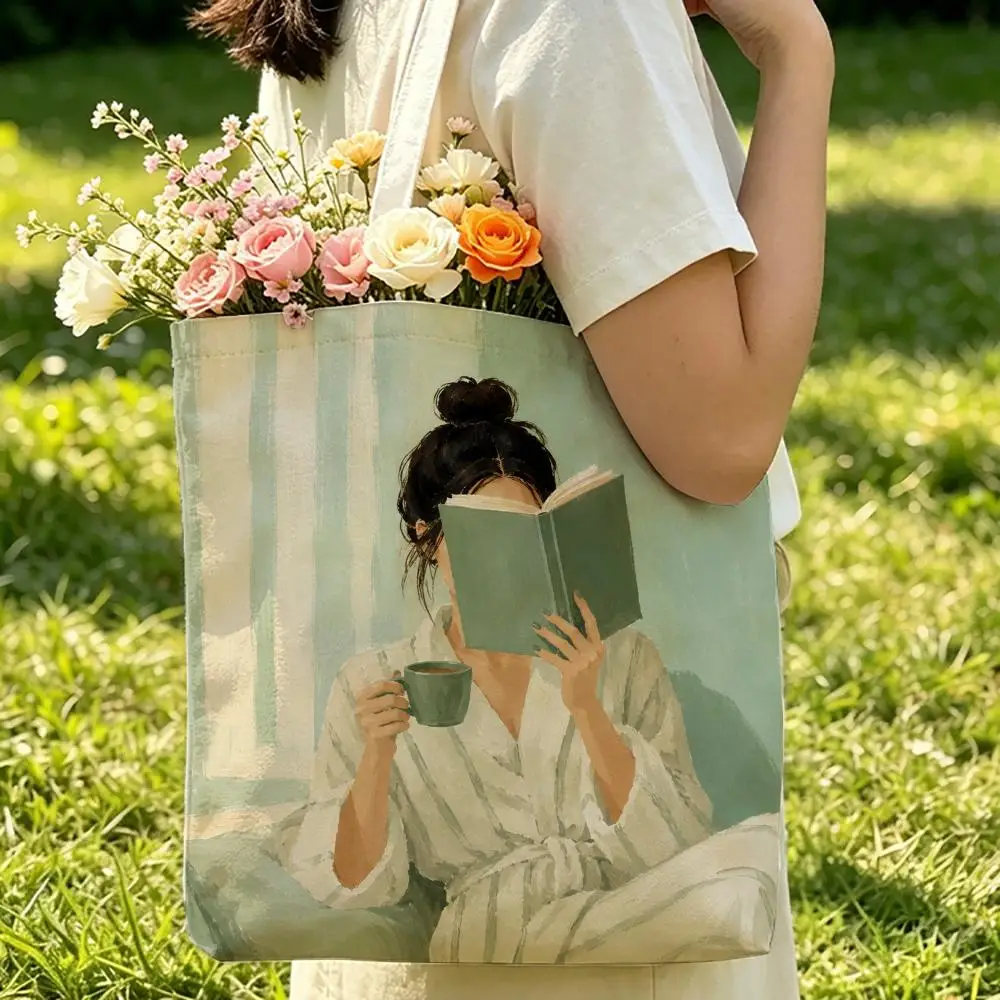 Abstract Reading Woman Storage Bags Beach Canvas Shoulder Tote Bag Double-Sided Print Fashion Handbag for Travel Picnic